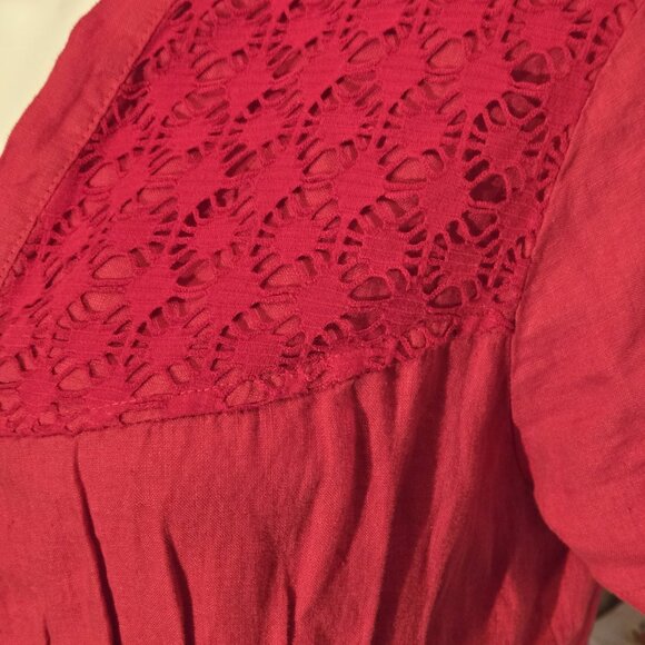 Red Linen embroidery Dress with Pockets size 14 XL - Picture 2 of 10